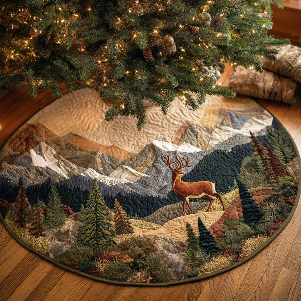 Alpine Deer Quilted Christmas Tree Skirt Xmas Indoor Decorations Gifts For Deer Lovers