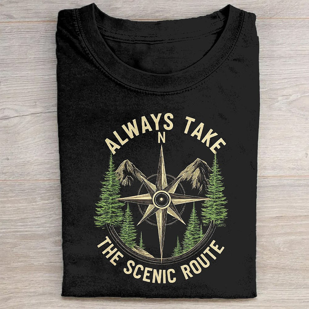 Always Take The Scenic Route Compass Graphic T-Shirt Adventure Travel Tee For Men And Women