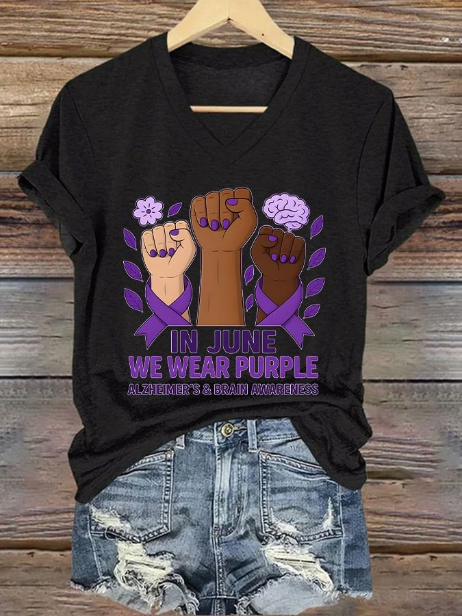 Alzheimer's Brain Awareness Print V-Neck T-Shirt In June We Wear Purple Shirt