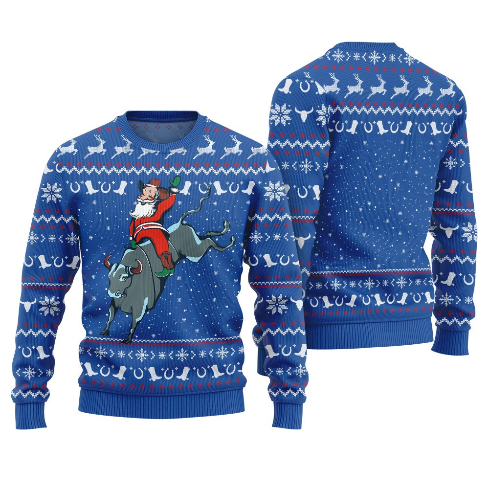 Amazing Cowboy Royal Ugly Christmas Sweater Santa Rides A Bull Holiday Merch That Makes a Perfect Christmas Gift