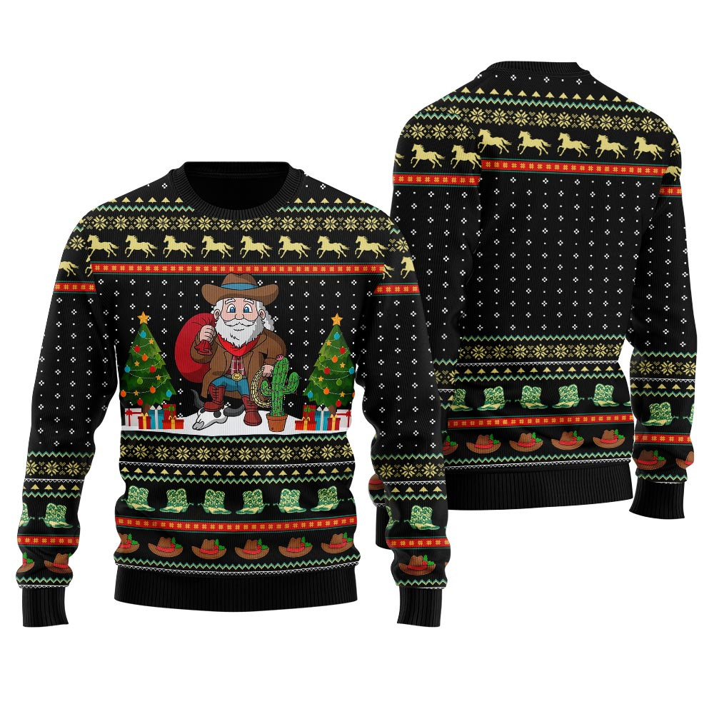 Amazing Cowboy Santa Claus Western Ugly Christmas Sweater Black Festive Sweatshirt for Christmas Celebrations
