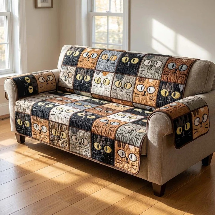 Amber Cat Muse Quilted Sofa Cover Cat Lover Home Decor Gift For Cozy Living Room