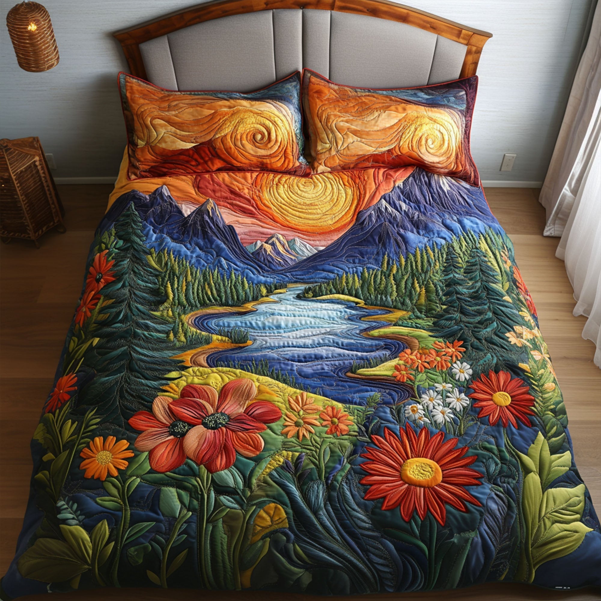 Amber-Hued Blooms Quilted Bedding Set Bed Decorations Cool Fall Gifts