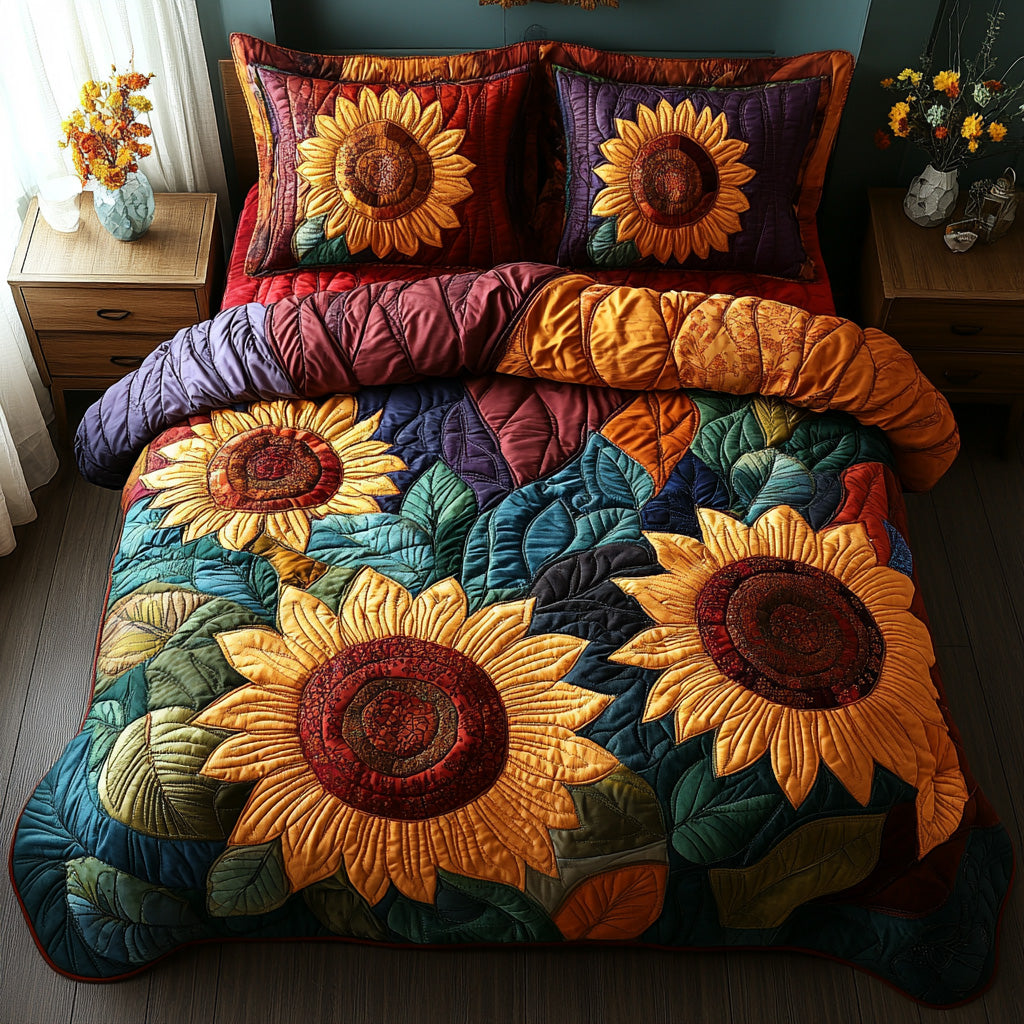 Amber Petals Quilted Bedding Set Unique Bed Sheet Set Sunflower Birthday Gifts