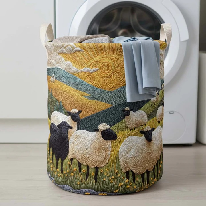 Amber Sheep Golden Sunrise Meadow Quilted Laundry Basket Country Home Decor Best Gift For Sheep Lovers