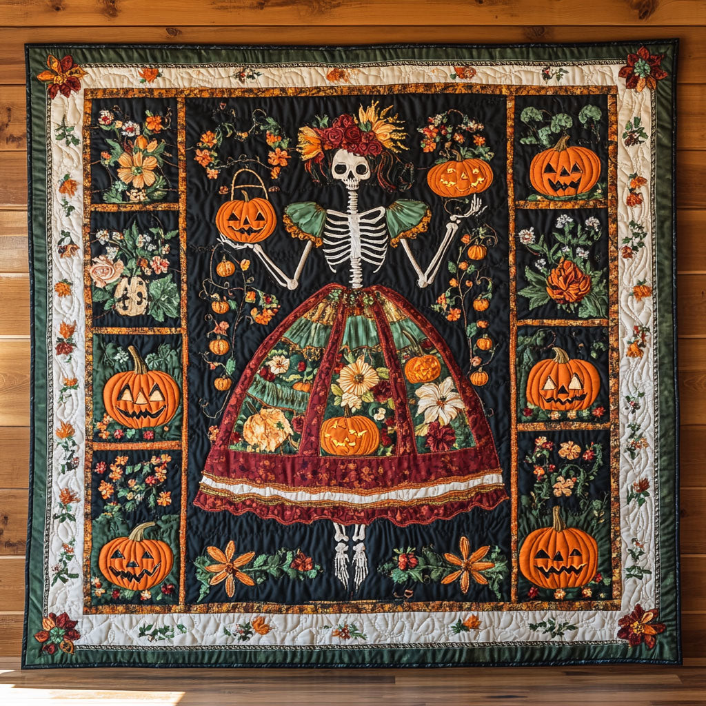 Amber Skeleton Lady Quilt Blanket Pumpkin And Flowers Gifts For People Who Like Skulls