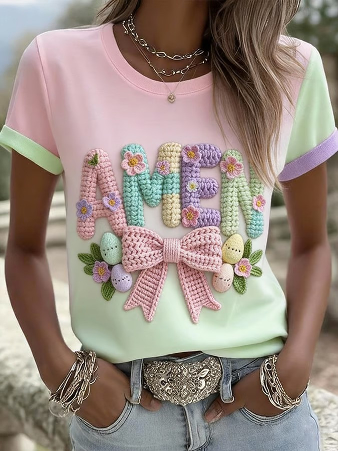 Amen Easter Crochet Graphic T-Shirt Colorful Bow Easter Egg Christian Fan Tee Best Gift For Easter Her