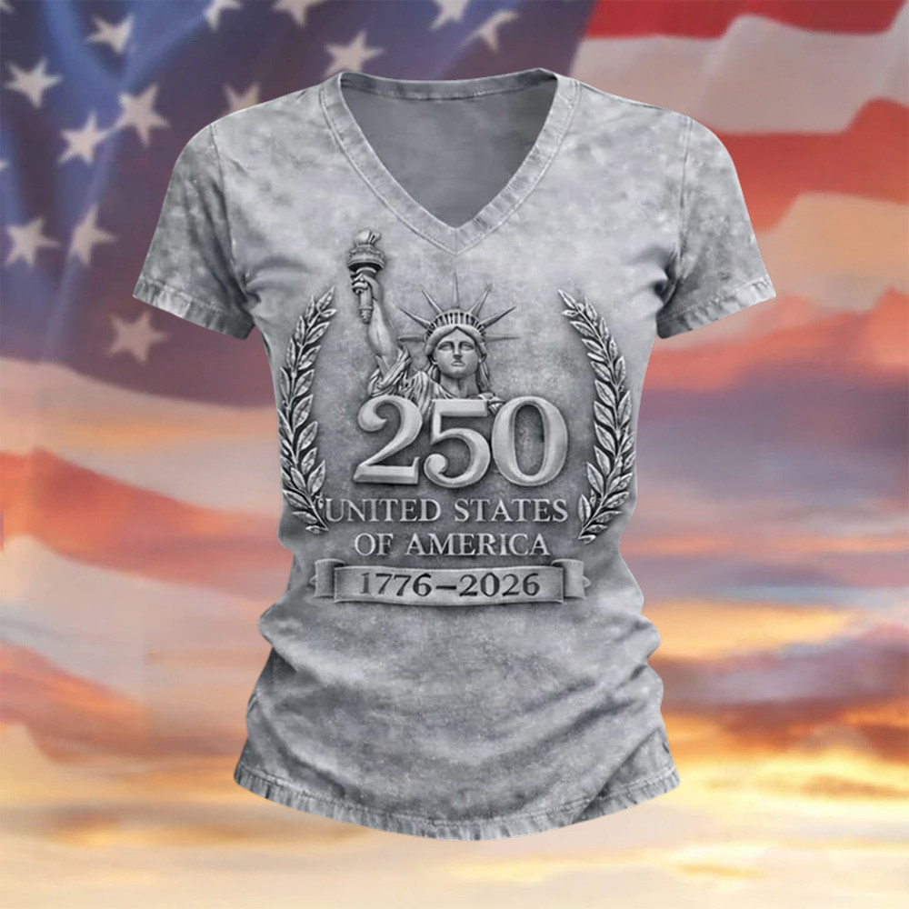 America 1776 2026 Statue Of Liberty V-Neck Shirt 4th Of July Clothes Cool Gift For Girlfriend