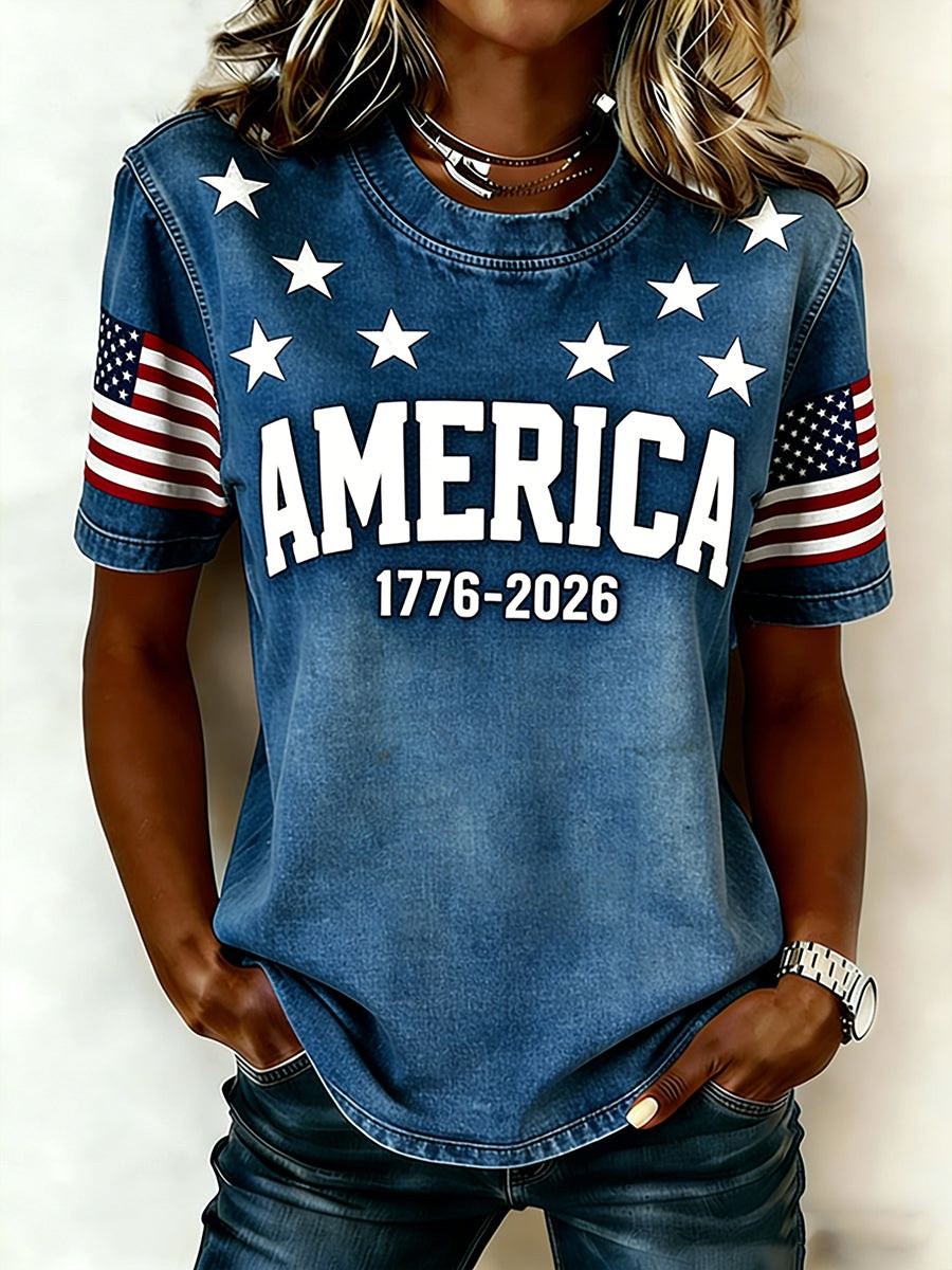 America 1776 2026 T-Shirt Women Patriotic Graphic Tees 250th Anniversary Fan Gear Gift For Her