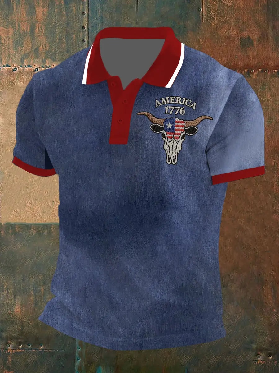 America 1776 Denim Polo Shirt Western Style Patriotic Gift for Independence Day Fans