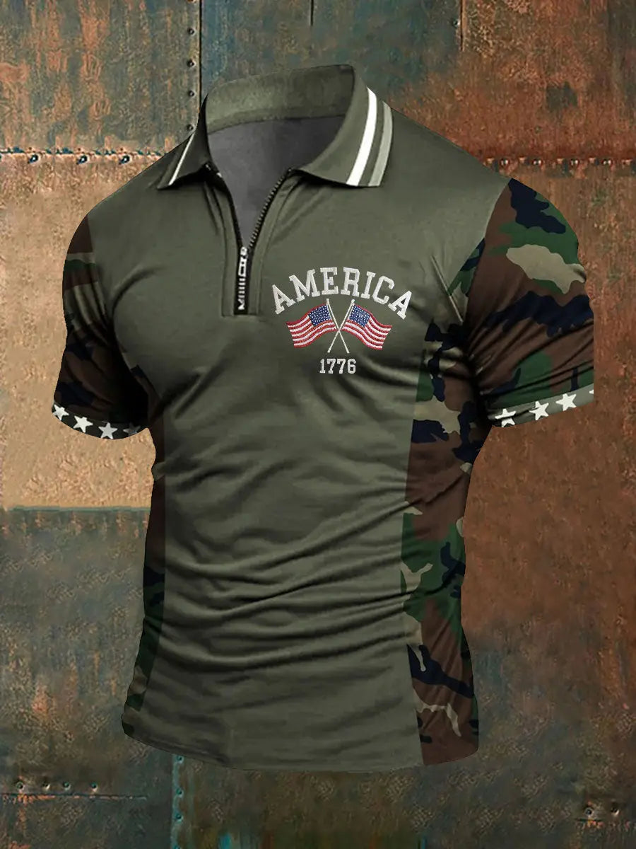 America 1776 Patriotic Zip Polo Shirt with Camouflage Sleeves Gift for USA Pride Fans