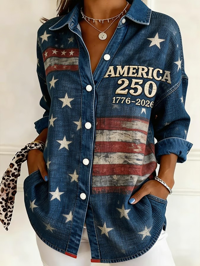 America 250 1776 2026 Button Up Long Sleeve Shirt Denim Flag Patriotic Outfit Best Gift For USA Lovers