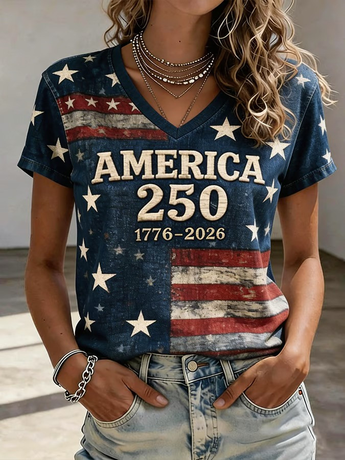 America 250 1776 2026 V-Neck T-Shirt Vintage American Flag Patriotic Tee Best Gift For USA Lovers