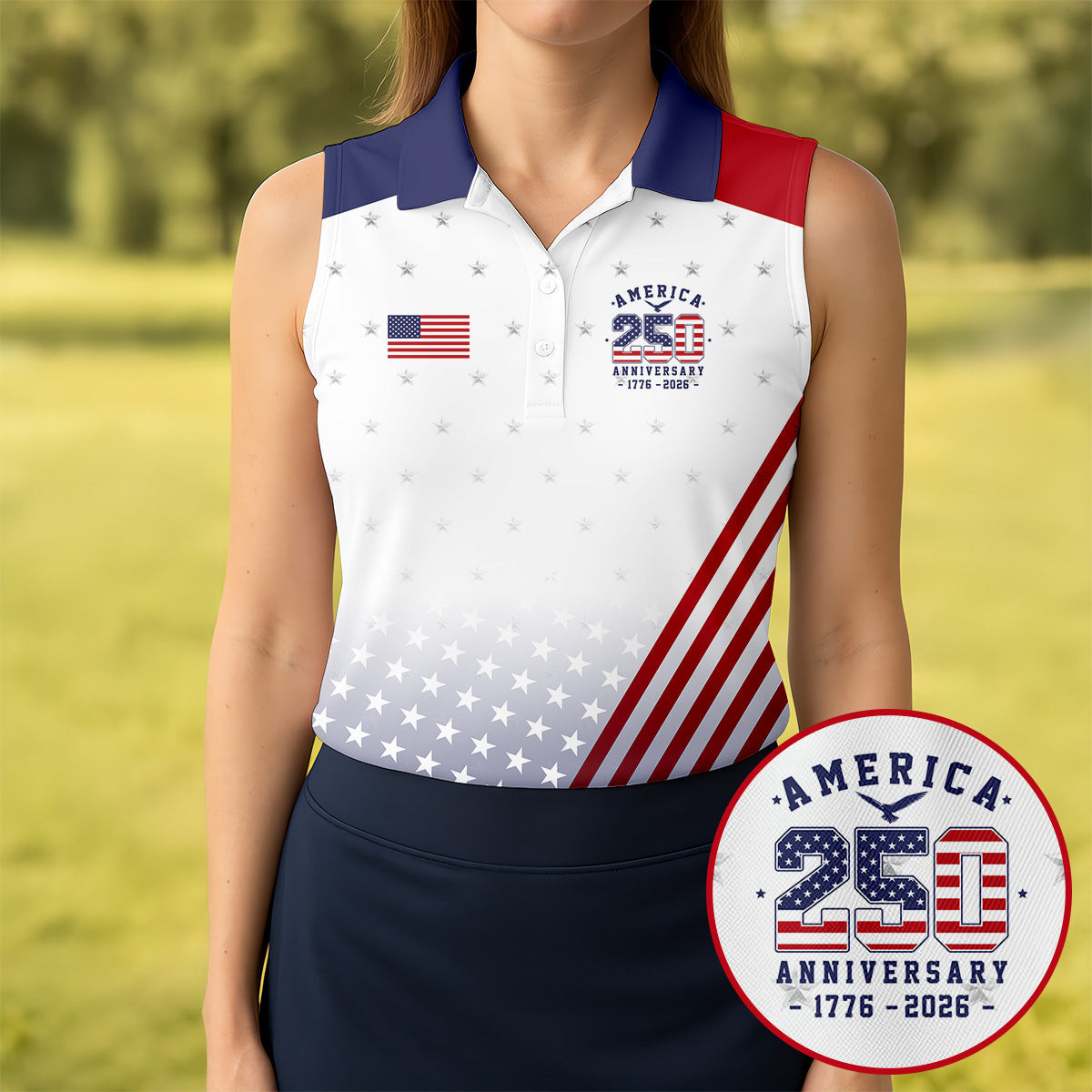 America 250 Anniversary 1776 2026 Sleeveless Polo Shirt Ladies Golf Attire Golf Gifts For Women