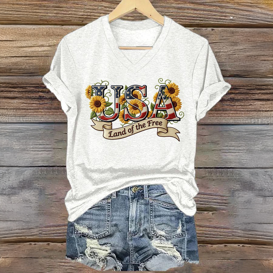 America 250 Commemorative Sunflower V-Neck Shirt Land Of Free Shirt Independence Day Gift