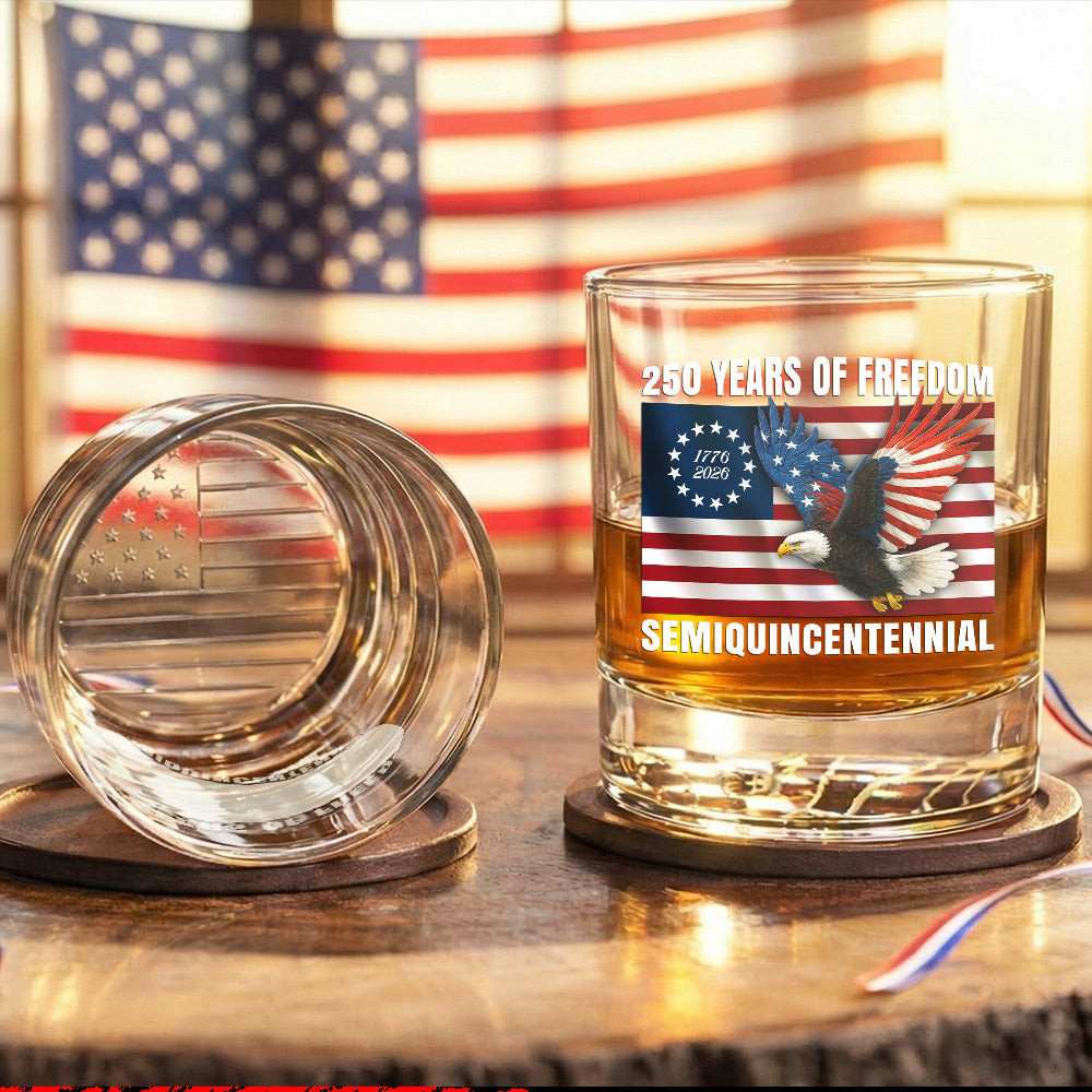 America 250 Merch 250 Years of Freedom Printed Whiskey Glass, Betsy Ross 250 Patriotic Gift