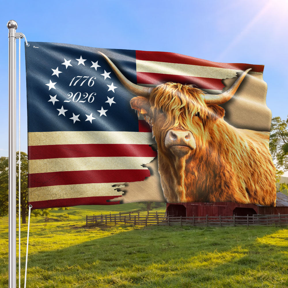 America 250 Merch 250 Years Strong Highland Cow American Flag for Farmhouse Patriotic Decor