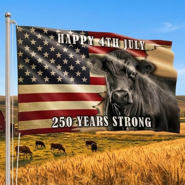 America 250 Merch Black Angus Cattle Flag, 250 Years Strong Patriotic Cow Farm Grommet Flag