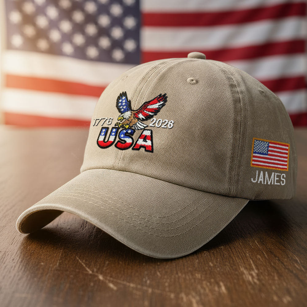 America 250 Merch Personalized 250 Years USA Washed Cap with Embroidered American Flag, Patriotic Cap