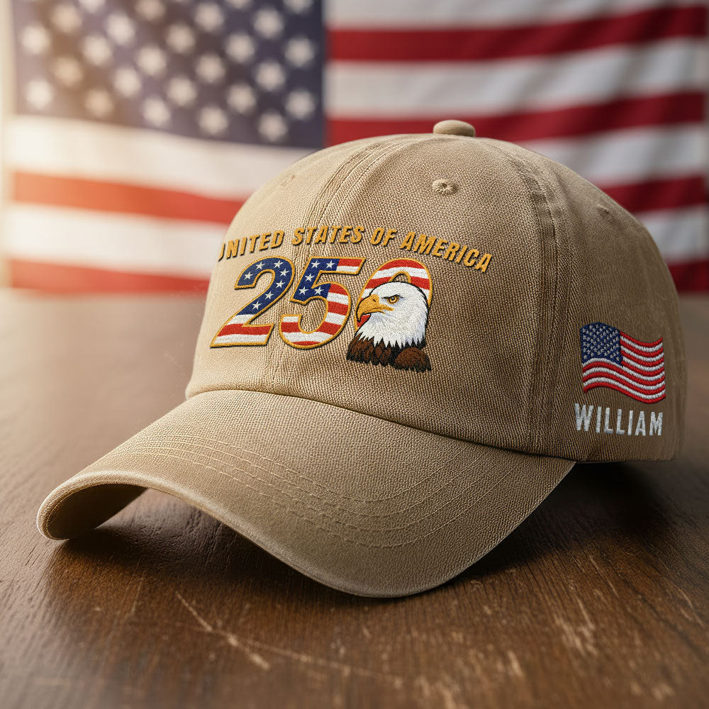 America 250 Merch Personalized Patriotic 250th Anniversary Washed Cap with Embroidered American Flag