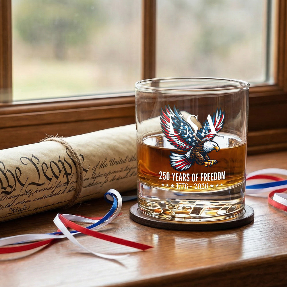 America 250 Merchandise 250 Years of Freedom American Printed Whiskey Glass for Patriotic Gift