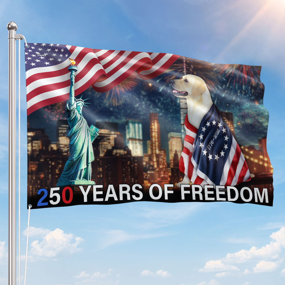 America 250 Merchandise 250 Years of Freedom Flag Patriot Dog Wrapped in Glory Grommet Flag