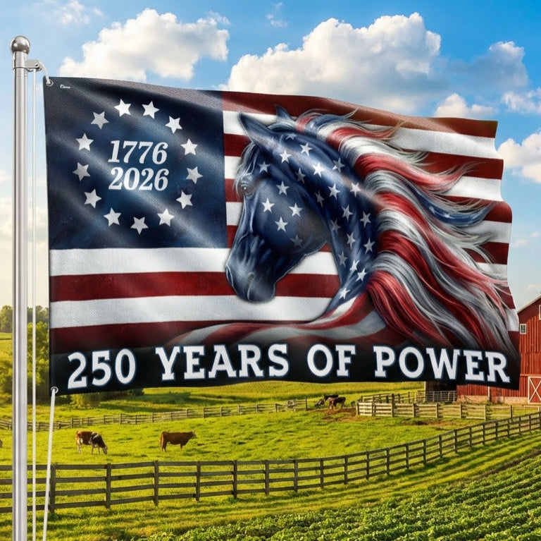 America 250 Merchandise 250 Years of Power Flag, 1776 2026 Patriotic Horse Grommet Flag