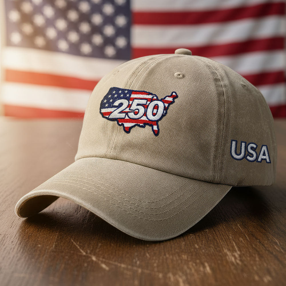 America 250 Merchandise 250 Years of USA Patriotic Washed Cap with Embroidered America Map
