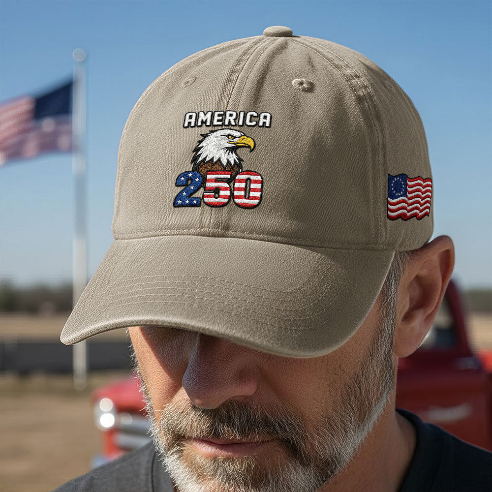 America 250 Merchandise 250th Anniversary Eagle Washed Cap with Embroidered Betsy Ross Flag