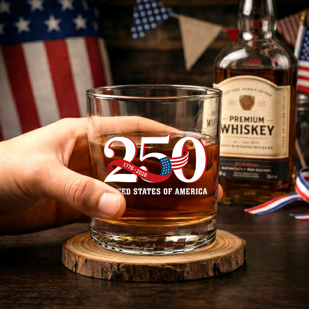 America 250 Merchandise 250th Anniversary Whiskey Glass with Printed 1776 2026 American Flag