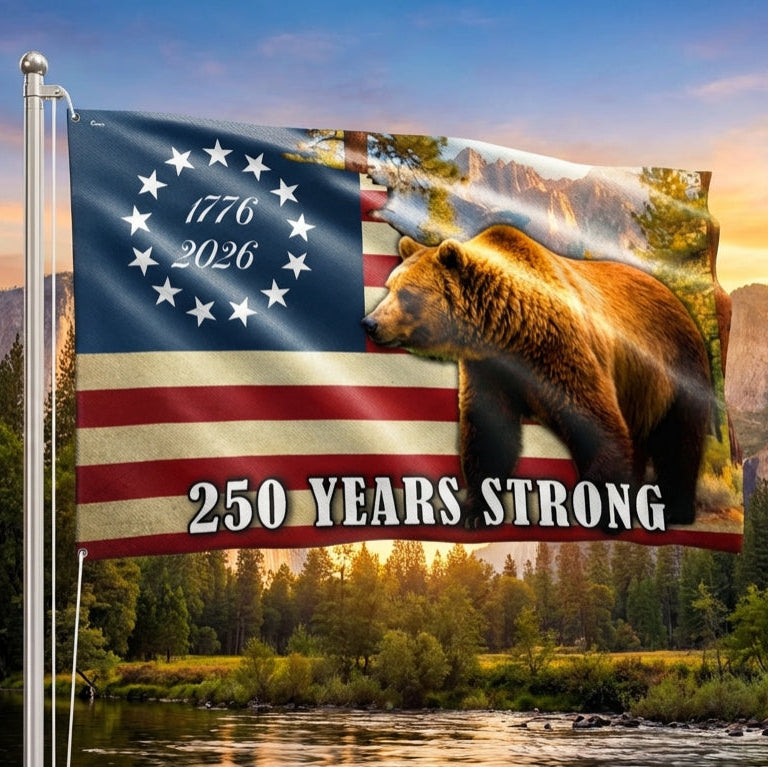 America 250 Merchandise California Betsy Ross Flag, 250 Years Strong Grizzly Bear Grommet Flag