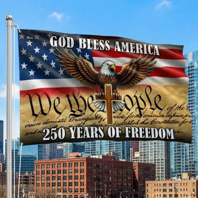 America 250 Merchandise We The People Patriotic Eagle Cross 250 Years of Freedom Grommet Flag
