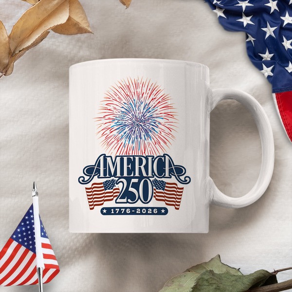 America 250 Mug 1776 2026 Patriotic USA Flag And Fireworks 250th Anniversary Cup