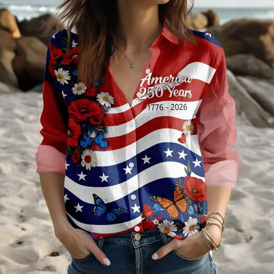 America 250 Years 1776 2026 Button Up Long Sleeve Shirt America's Birthday Clothes Gift For Her