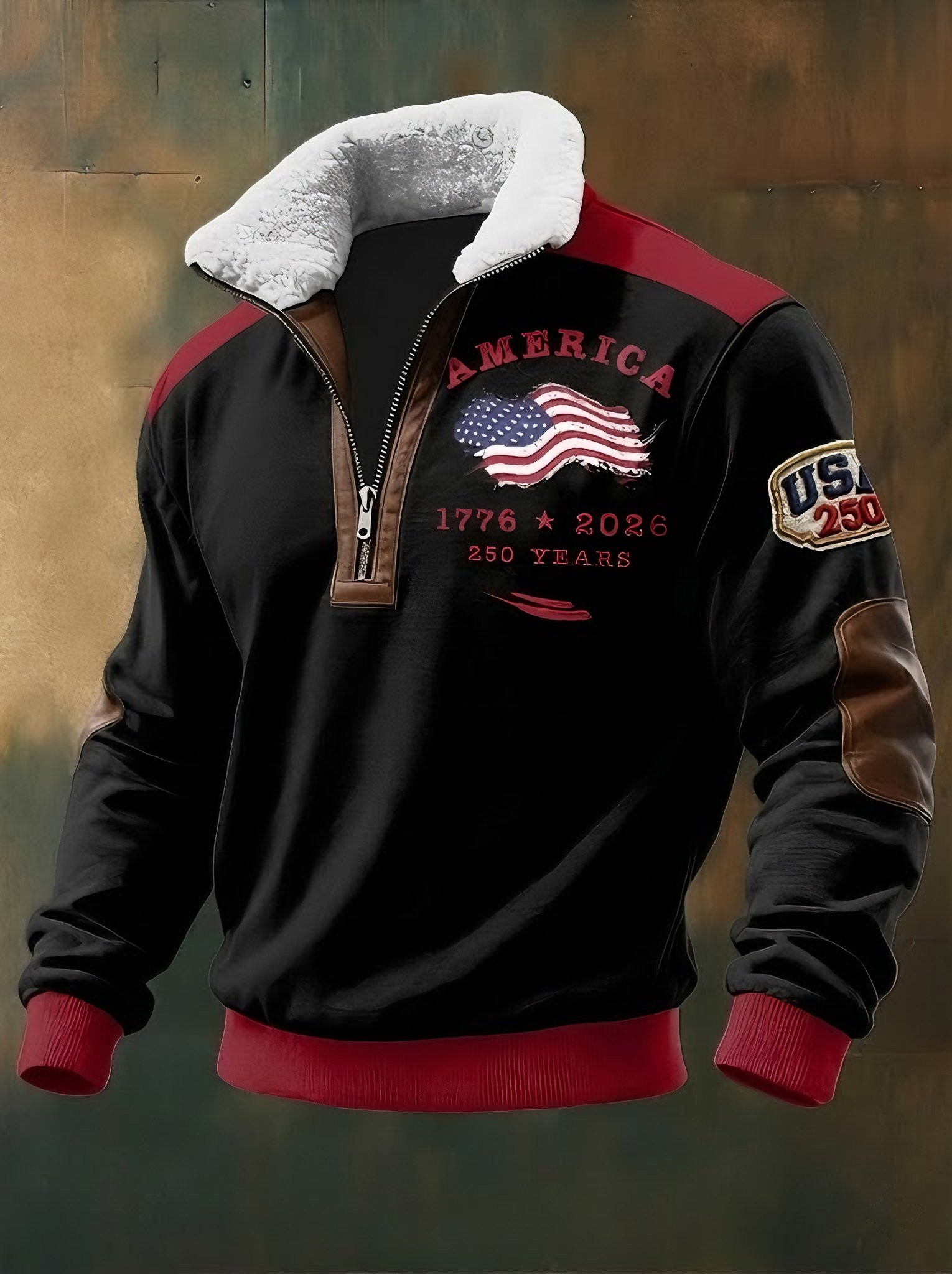 America 250 Years Anniversary Collar Zip Sweatshirt 1776 2026 US Patriot Clothing