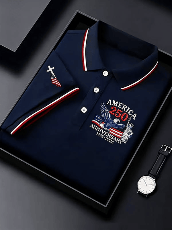 America 250 Years Anniversary Polo Shirt Faith Cross 1776 2026 Independence Day Apparel