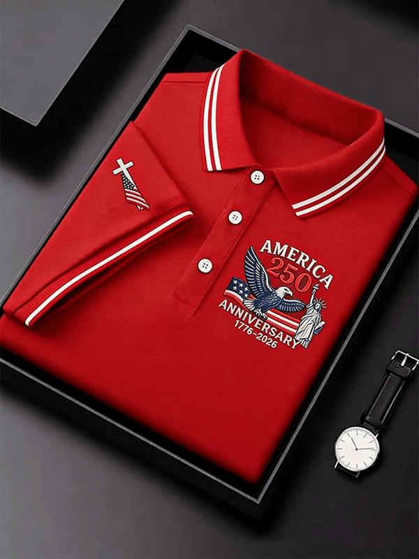 America 250 Years Anniversary Polo Shirt Faith Cross 1776 2026 Merch Fourth Of July Presents
