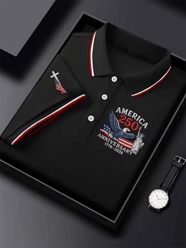 America 250 Years Anniversary Polo Shirt Faith Cross USA Flag 1776 2026 Merch Patriotic Gifts