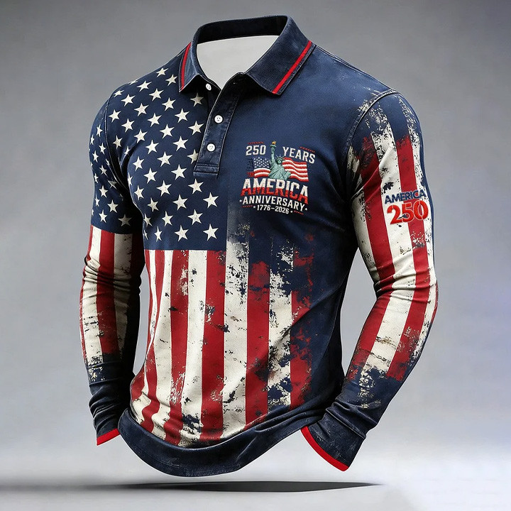 America 250 Years Of Freedom 1776 2026 Polo Long Sleeve Shirt Statue Of Liberty Apparel