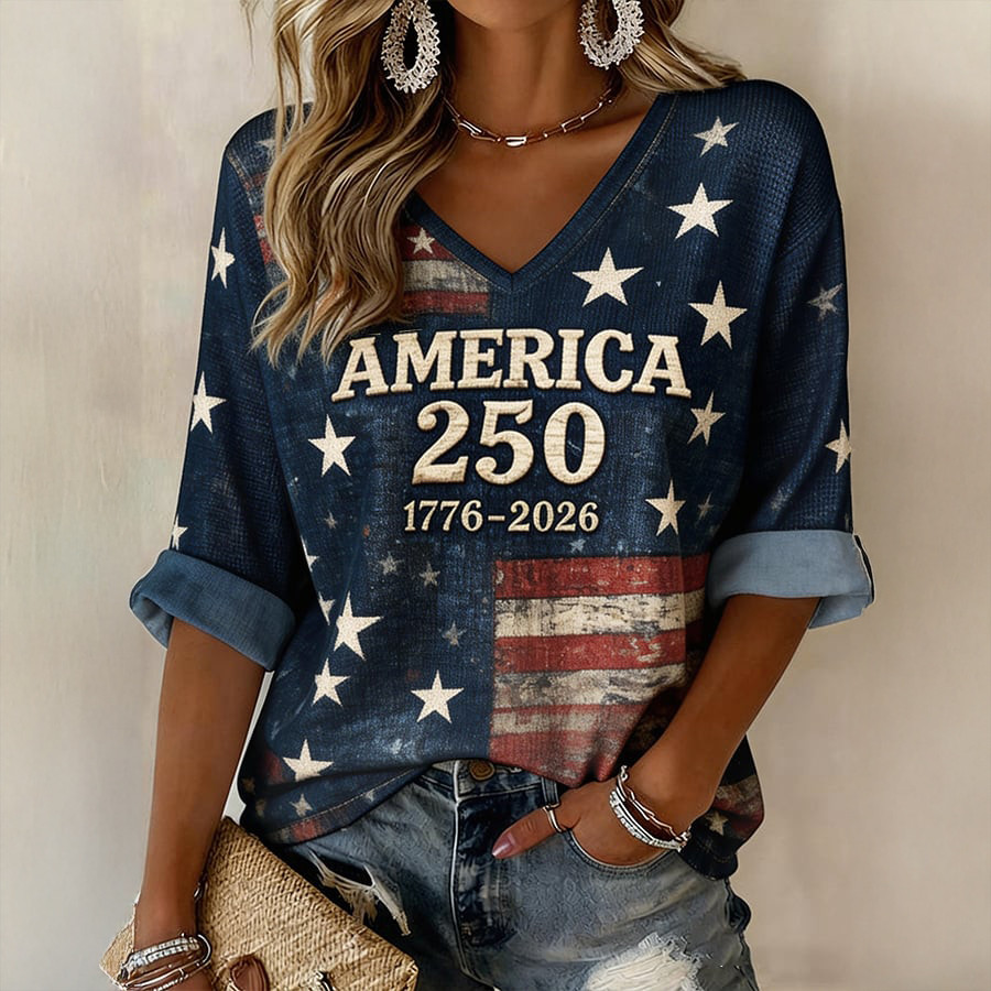 America 250 Years Of Freedom 1776 2026 V-Neck Long Sleeve Shirt Independence Day Clothing