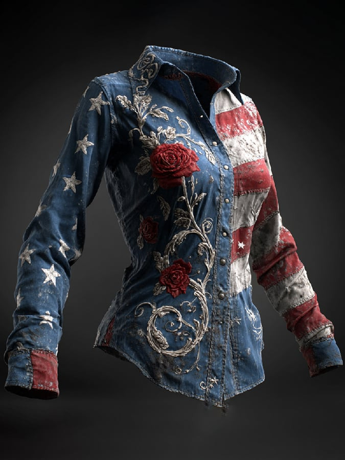 America 250 Years Of Freedom Floral USA Flag Long Sleeve Button Up T-Shirt US Patriot Clothing