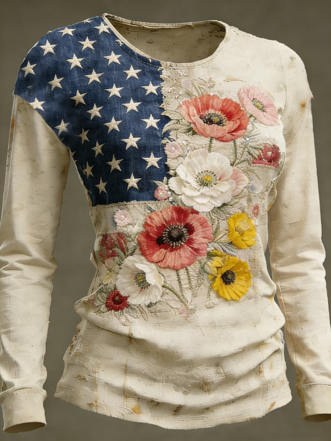 America 250 Years Of Freedom Floral USA Flag Long Sleeve T-Shirt Cool Patriotic Shirts Women's