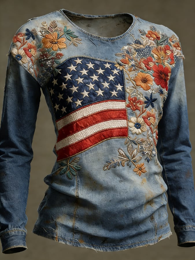 America 250 Years Of Freedom Floral USA Flag Long Sleeve T-Shirt Vintage Patriotic Shirts Women
