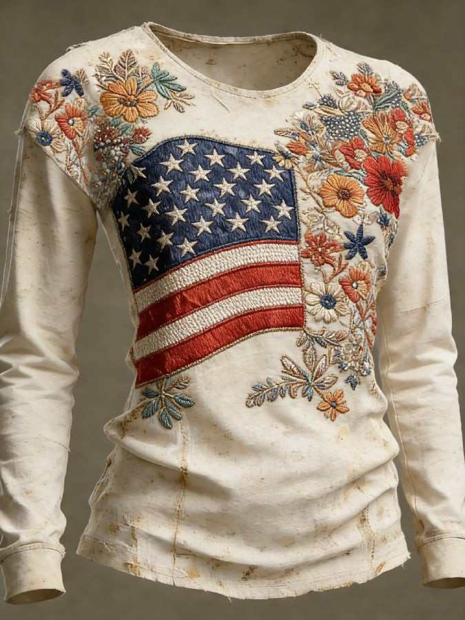 America 250 Years Of Freedom Floral USA Flag Long Sleeve T-Shirt Womens Patriotic Shirts Gifts