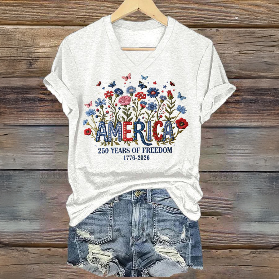 America 250 Years Of Freedom Floral V-Neck Shirt Independence Day 2026 Clothes Patriotic Gifts
