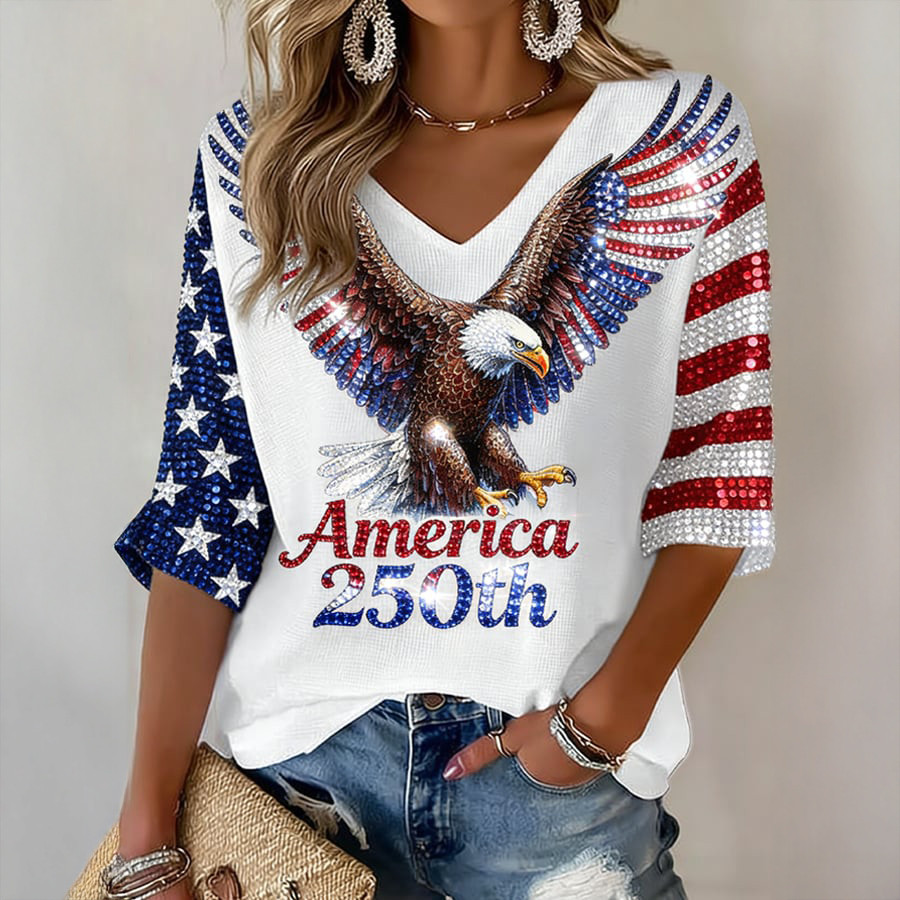 America 250th 250th Anniversary Patriotic Eagle V-Neck Shirt Independence Day 2026 Apparel