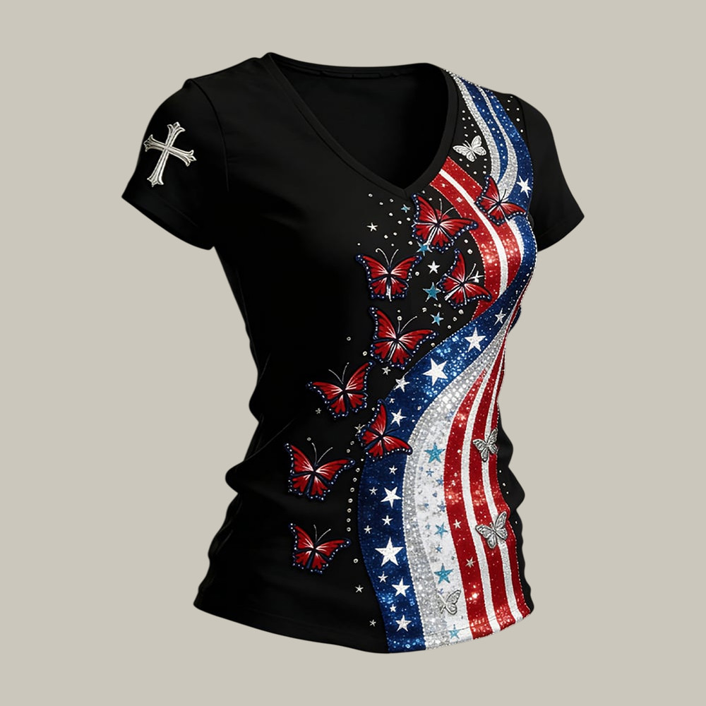 America 250th Anniversary 1776 2026 Butterfly V-Neck Shirt Independence Day 2026 Shirt