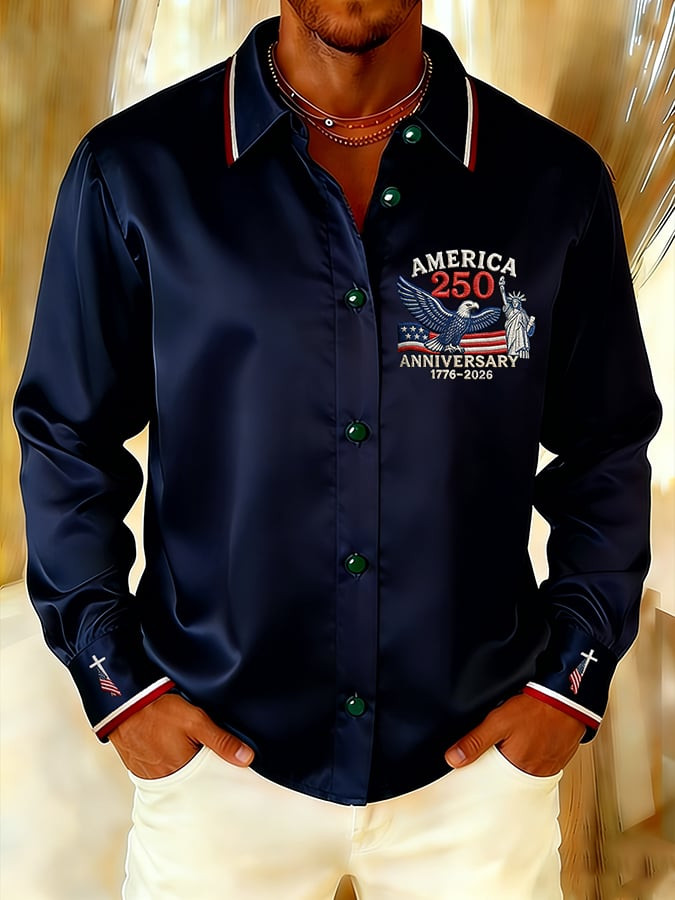 America 250th Anniversary 1776 2026 Button Up Long Sleeve Shirt Men's Patriotic Apparel