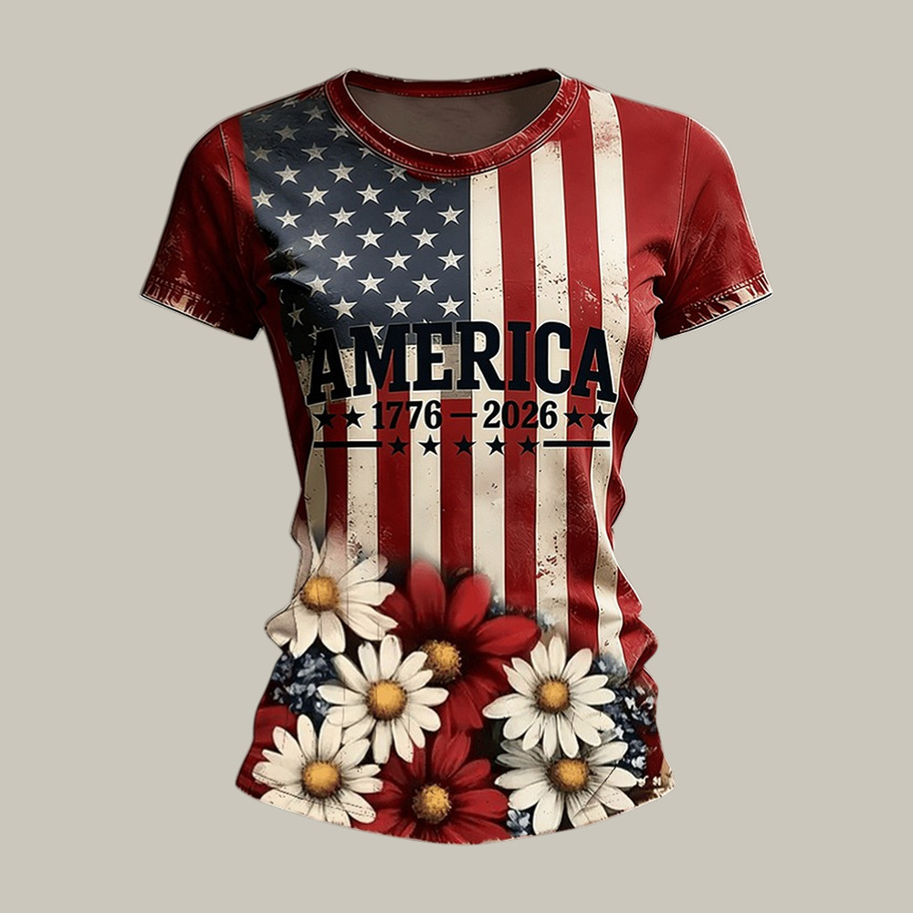 America 250th Anniversary 1776 2026 Floral T-Shirt 4th Of July Attire Present For Wife