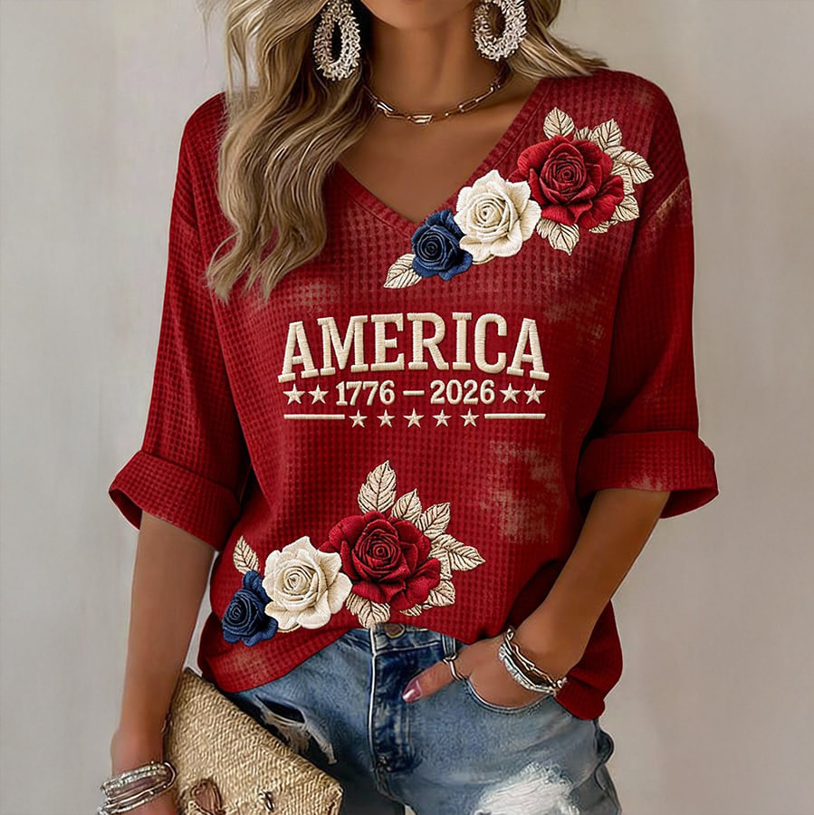 America 250th Anniversary 1776 2026 Floral V-Neck Shirt Independence Day Merch Patriotic Gift